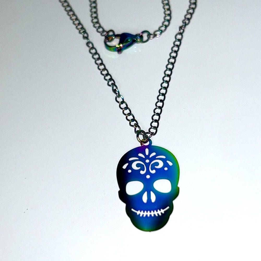 Hand Crafted Rainbow Finish Sugar Skull Day O The Dead Charm Stainless Necklace